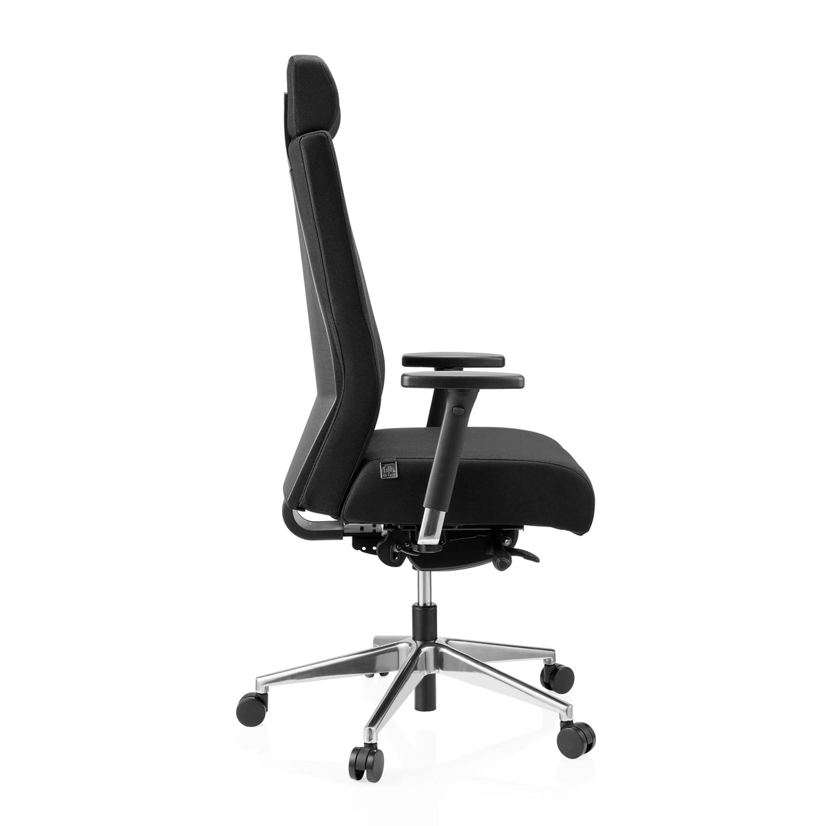 Musta Ammattitason toimistotuoli PRO-TEC XXL kangasverhoilulla, niskatuella ja viisipisteisellä rullajalalla, valmistaja hjh OFFICE – 360 asteen näkymä (sivuprofiili 90°)