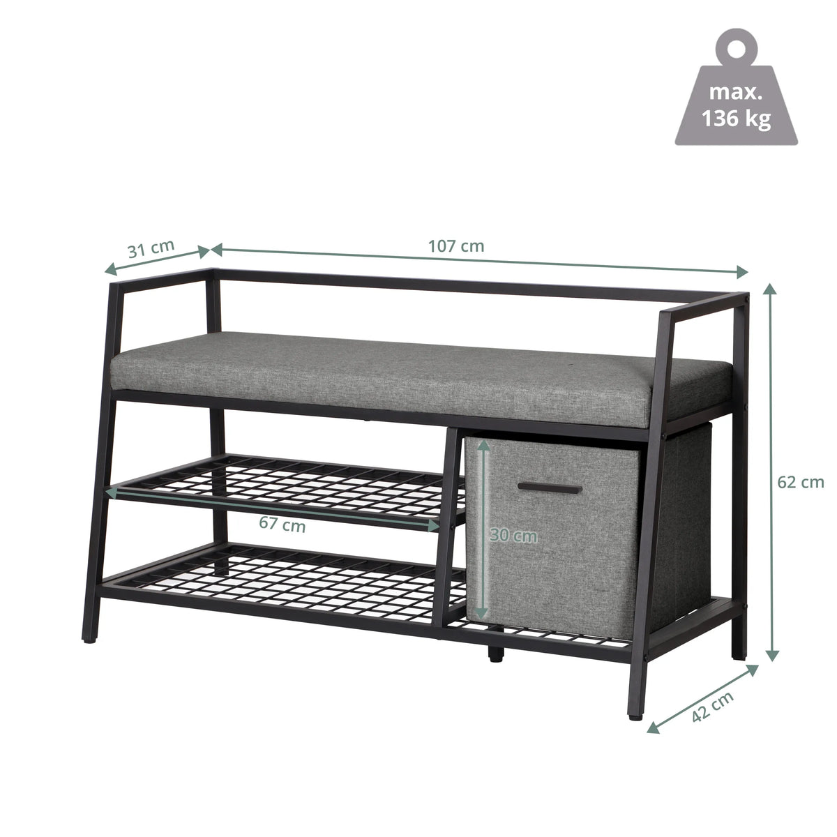 Kenkäkaappi Estha Loft mitat 107 × 62 cm ja maksimikuormitus 136 kg, valmistaja hjh LIVING