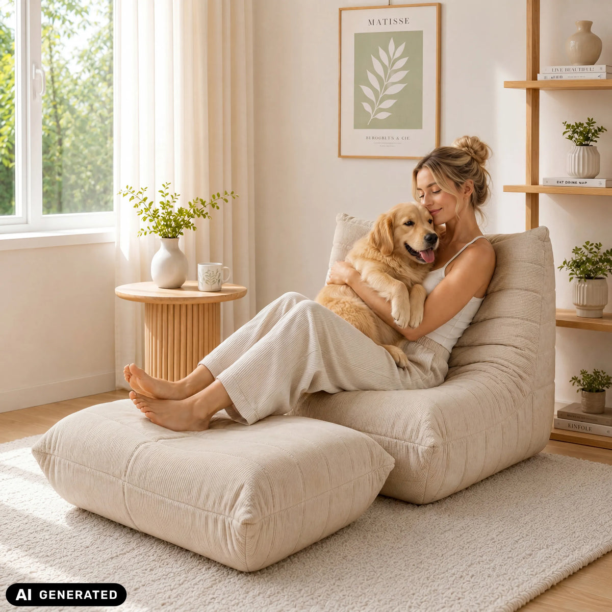 Beige Sitzolo Podi-istuinsäkki ja yhteensopiva rahi, valmistaja hjh LIVING (tekoälyllä luotu kuva)
