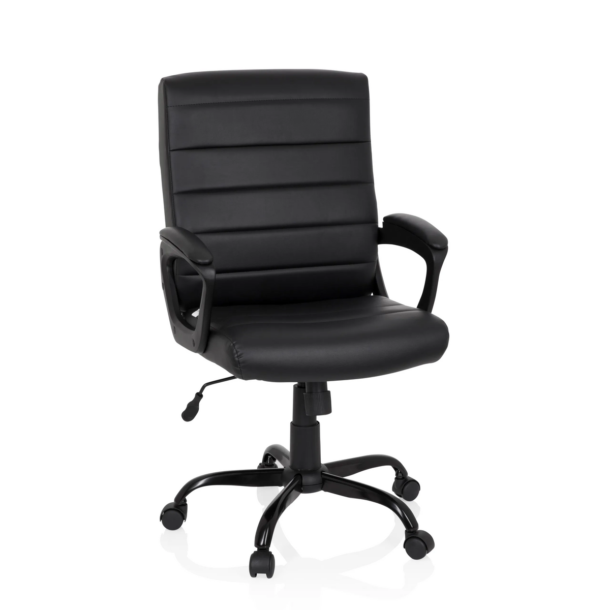 Musta Home Office -toimistotuoli ERGOSMOOTH BIG tikatuilla pehmusteilla ja viisijalkaisella pyörillä, valmistaja hjh OFFICE – 360 asteen näkymä (etunäkymä 20°)