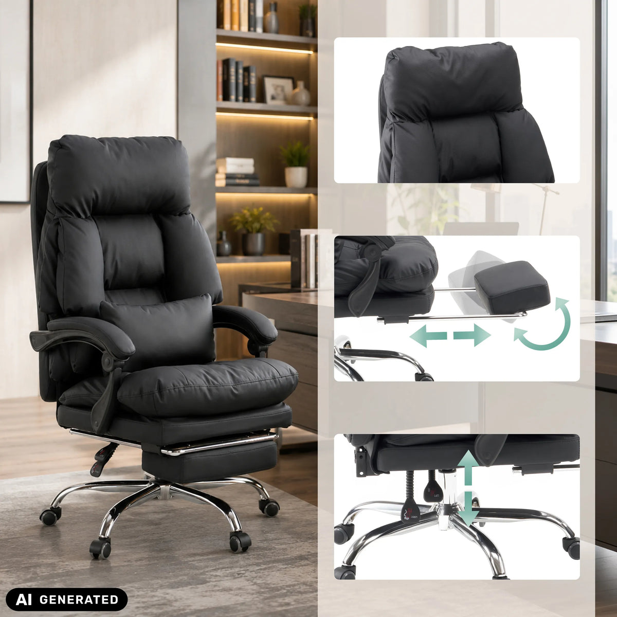 Musta Home Office -toimistotuoli Relax Legoro, jossa on ulosvedettävä jalkatuki ja käsinojat, valmistaja MyBuero
