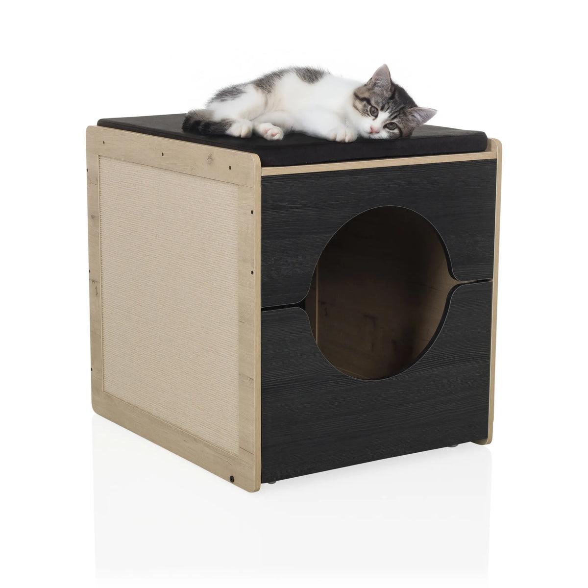 Kissanmaja KITTY PAWBOX 2 värissä musta ja tammi, katolla makaava kissa, valmistaja hjh LIVING