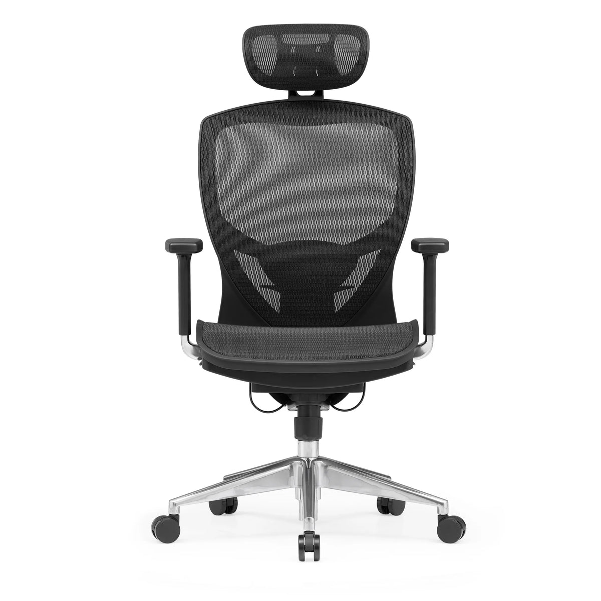 Musta High End -toimistotuoli VENUS ONE verkkoselkänojalla ja viisijalkaisella rullajalustalla, valmistaja hjh OFFICE – 360 asteen näkymä (etunäkymä 0°)