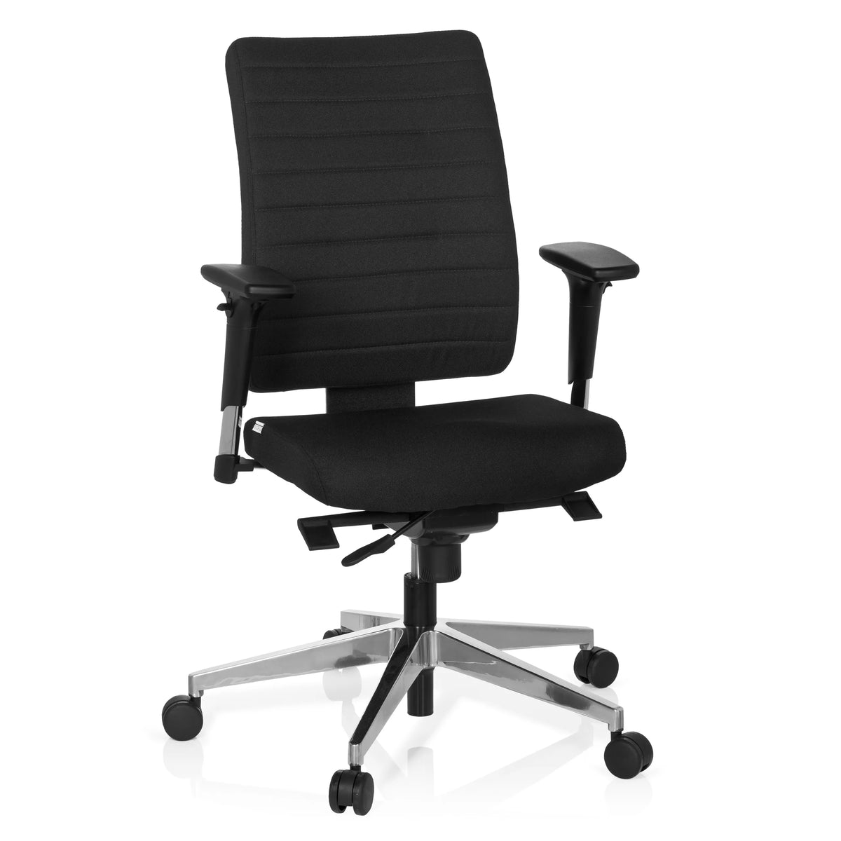 Musta Ammattitason toimistotuoli PRO-TEC 350 käsinojilla ja hopeisella viisipyöräisellä jalustalla, valmistaja hjh OFFICE – 360 asteen näkymä (etunäkymä 20°)