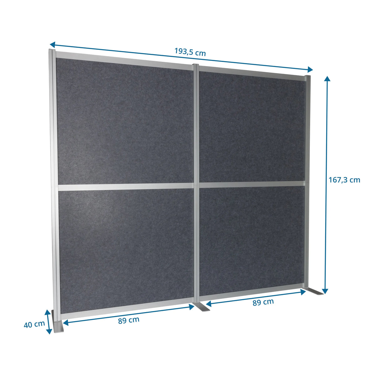 Väliseinä FLEXMIUT MODUL mittojen piirustus, 193,5 × 167,3 cm, harmaa, valmistaja hjh OFFICE