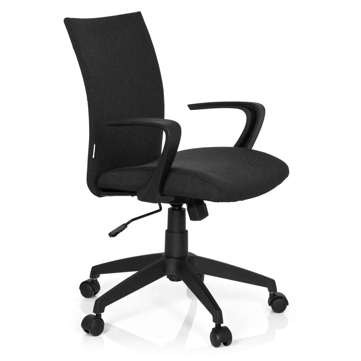 Musta Home Office -toimistotuoli SOFT käsinojilla ja viisipyöräisellä jalustalla, valmistaja hjh OFFICE – 360 asteen näkymä (etuviistonäkymä 60°)
