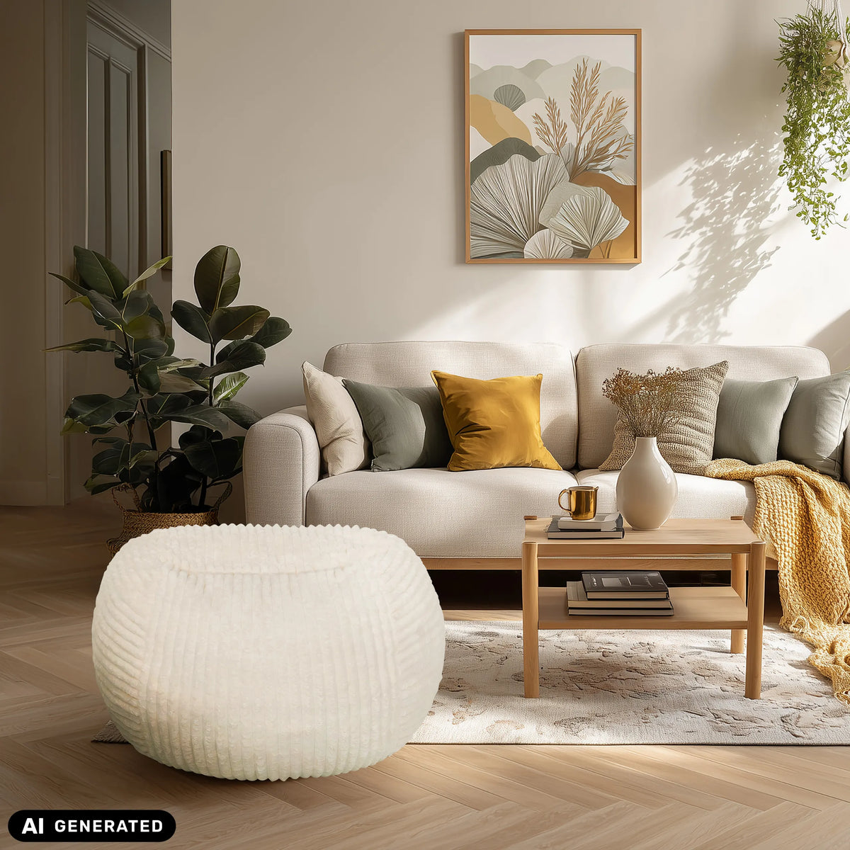 Beige Sitzolo R-istuinsäkki olohuoneessa, valmistaja hjh LIVING (tekoälyllä luotu kuva)