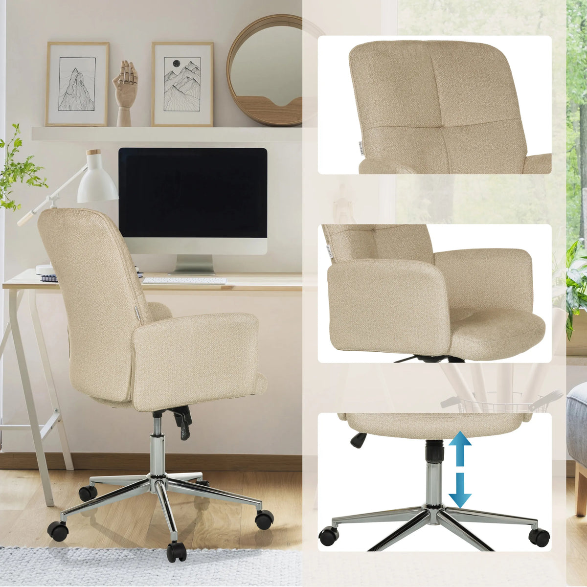 Beige Home Office -toimistotuoli SOLAO 400, jossa on säädettävä istuinkorkeus, käsinojat ja rullilla varustettu tähtijalka, valmistaja hjh OFFICE