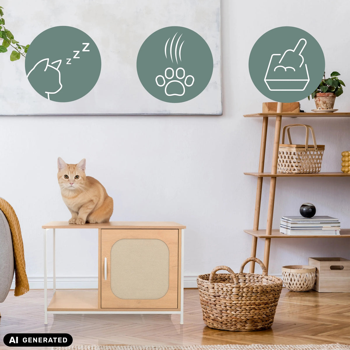 Kissanmaja KITTYHOME 1 valkoisena ja pyökkinä, päällä istuva kissa, valmistaja hjh LIVING (tekoälyllä luotu kuva)