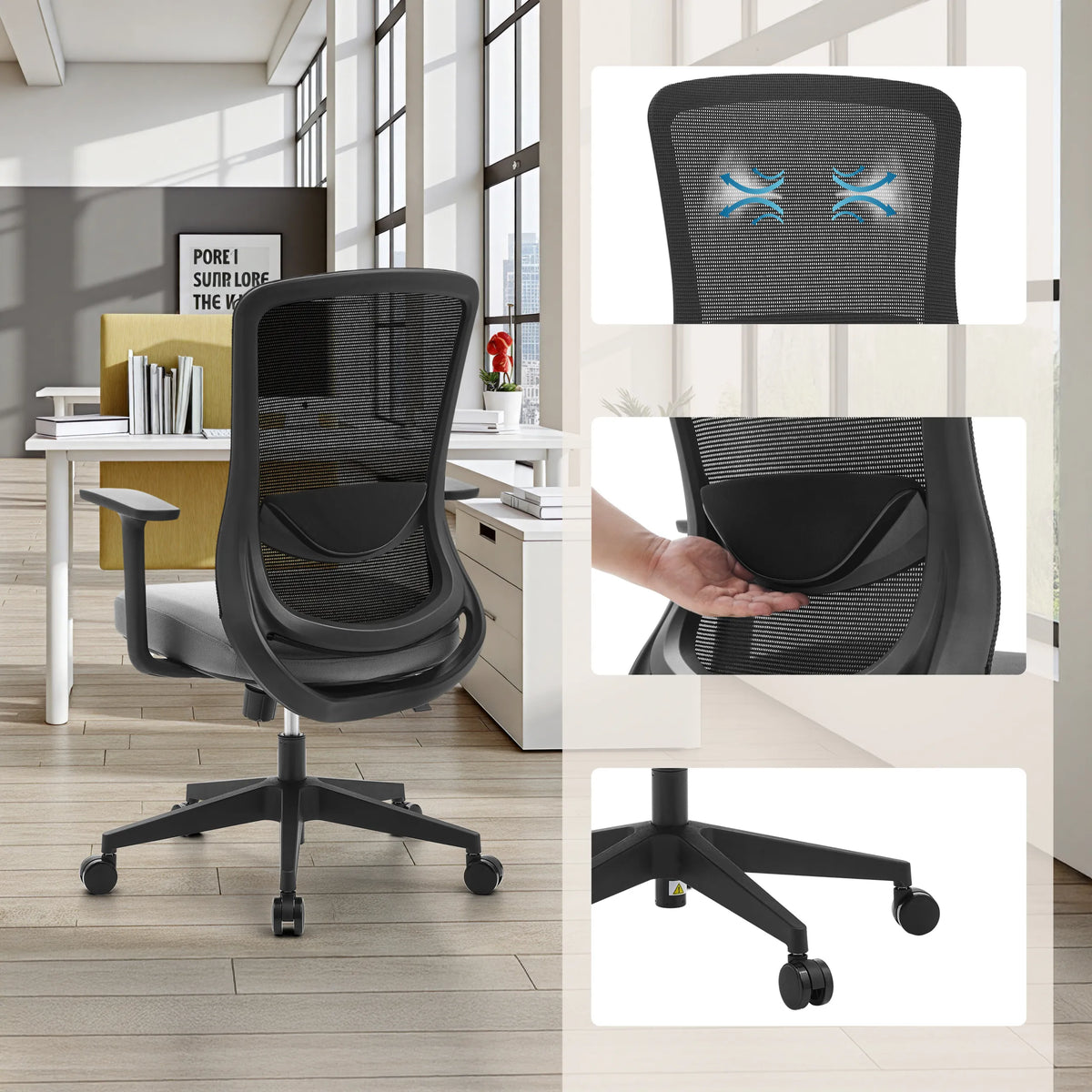 Mustaharmaa Home Office -toimistotuoli Sedito, jossa on verkkoselkänoja, ristiselkätuki ja pyörät, valmistaja hjh OFFICE