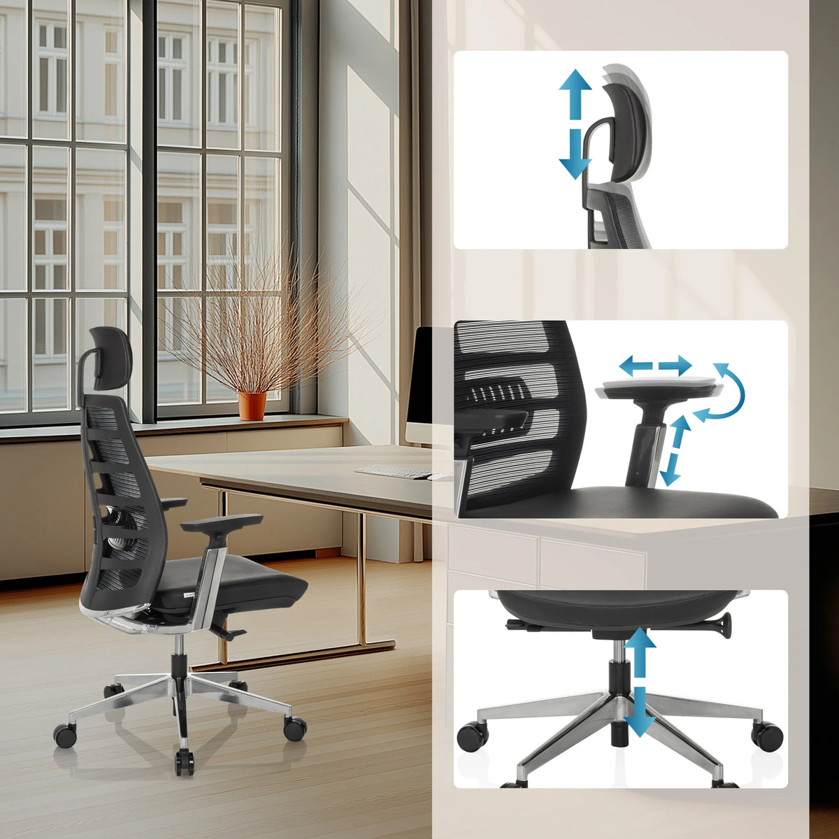 Säädettävä niskatuki, käsinojat ja istuinkorkeus High End -toimistotuolissa SPINIO ELITE L, valmistaja hjh OFFICE