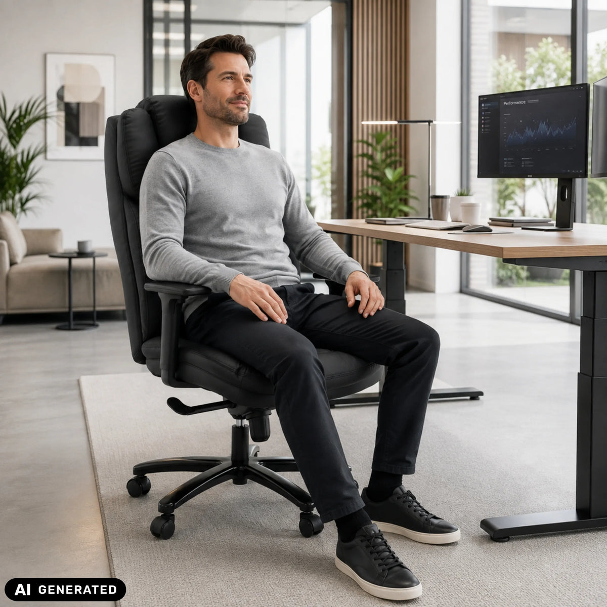 XXL Pullmann Gen2 pyörivä tuoli mustaa keinonahkaa, korkea selkänoja ja käsinojat, valmistaja hjh OFFICE