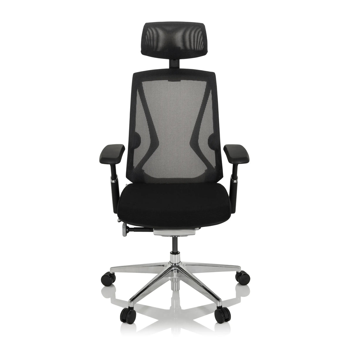 Musta High End -toimistotuoli INSPERO verkkoselkänojalla, niskatuella ja viisipolvella rullilla, valmistaja hjh OFFICE – 360 asteen näkymä (etunäkymä 0°)