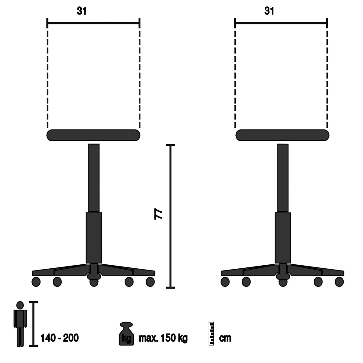 Baarijakkarat VANTAGGIO HIGH WS tekninen piirustus, 31 × 77 cm ja max. kantavuus 150 kg, valmistaja hjh OFFICE
