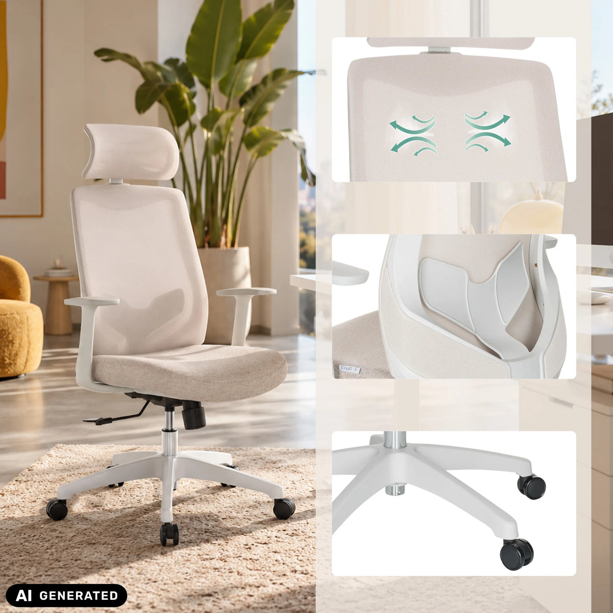 Beige Home Office -toimistotuoli MIKEO W, jossa on verkkoselkänoja ja niskatuki, työpöydän ääressä, valmistaja hjh OFFICE
