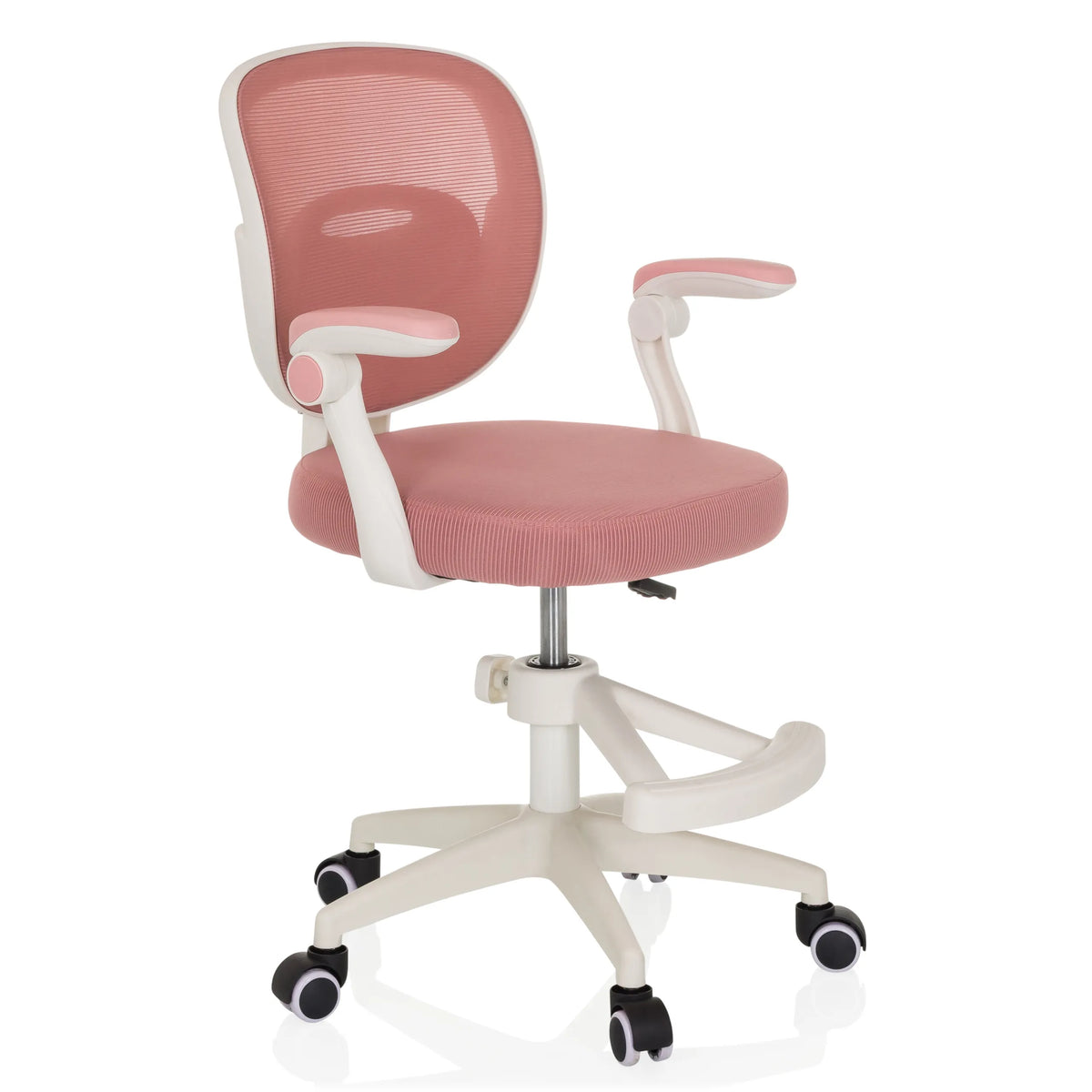 Vaaleanpunainen Lasten pyörivä tuoli KIDDY SMART verkkoselkänojalla ja viisipyörisellä jalustalla, valmistaja hjh OFFICE – 360 asteen näkymä (etuviistonäkymä 45°)