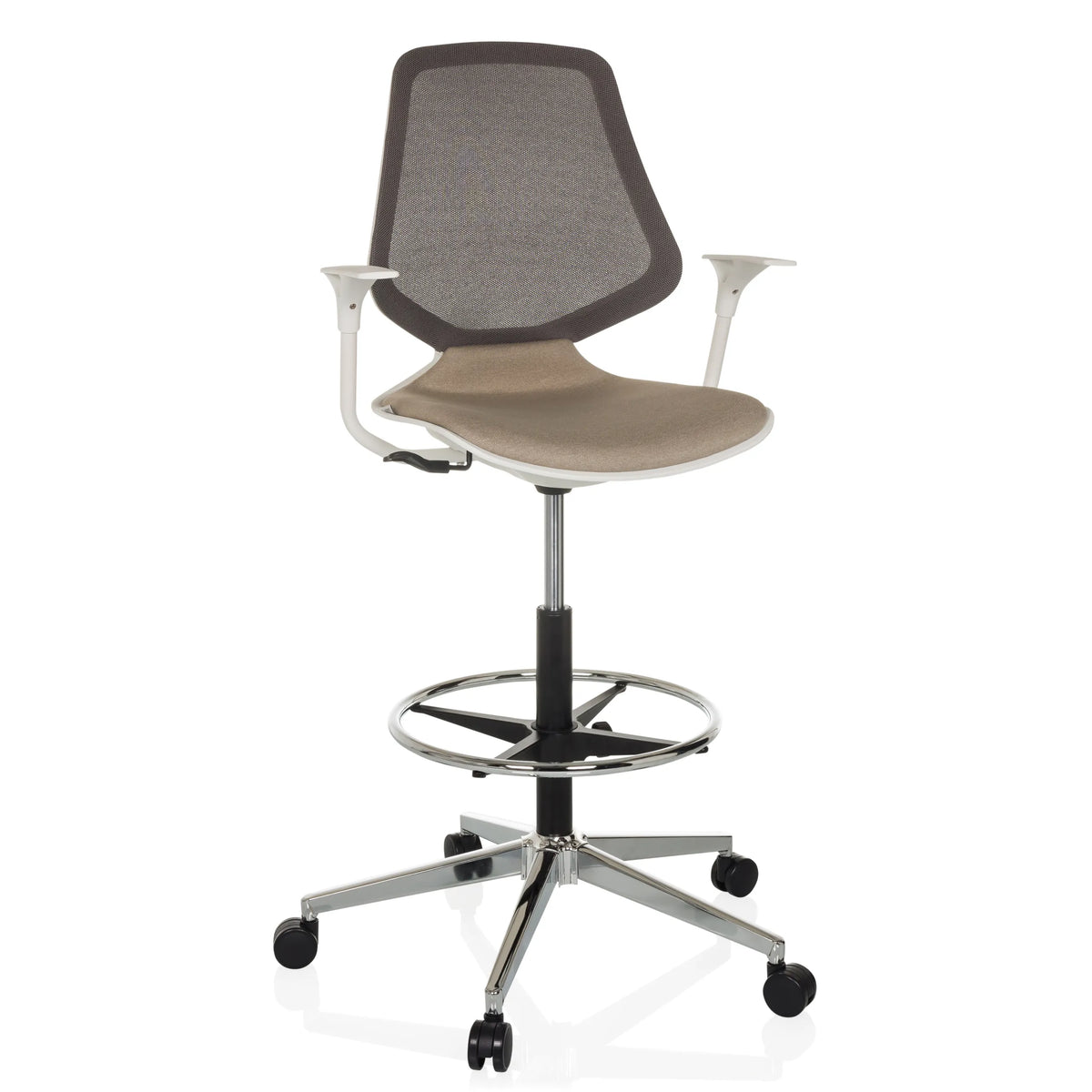 Beige korkea työtuoli TOP WORK STYLE verkkoselkätuella, jalkarenkaalla ja viisipyöräisellä jalustalla, valmistaja hjh OFFICE – 360 asteen näkymä (etunäkymä 15°)