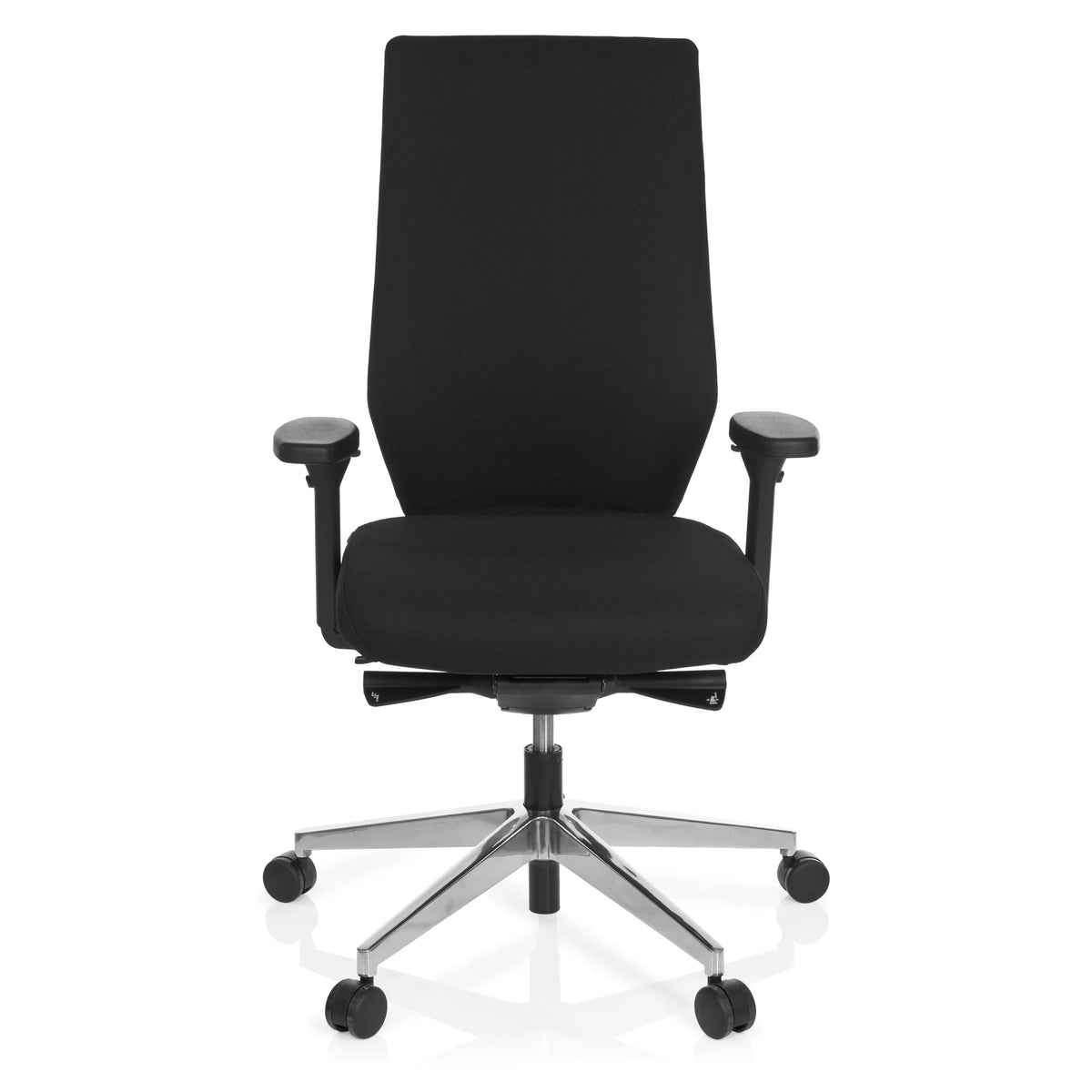Musta Ammattitason toimistotuoli PRO-TEC 700 käsinojilla ja kiiltävällä viisipyöräisellä jalustalla, valmistaja hjh OFFICE – 360 asteen näkymä (etunäkymä 0°)