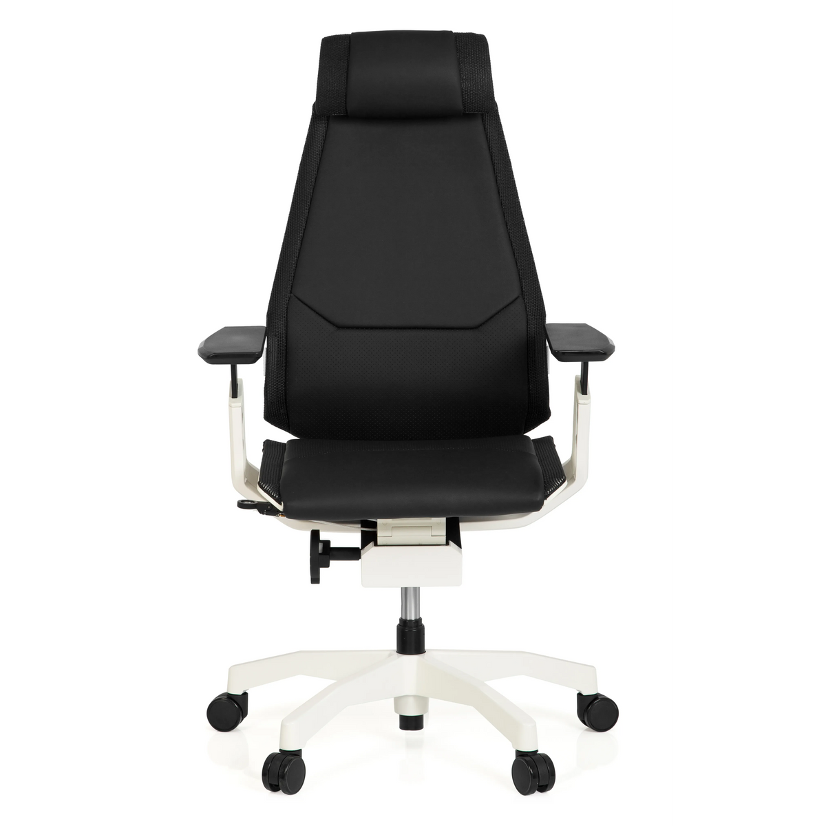 Schwarzer High-End-Bürostuhl GENIDIA PRO WHITE aus Leder mit weißem Fußkreuz und fünf Rollen von hjh OFFICE – 360-Grad-Ansicht (Frontansicht 0°)