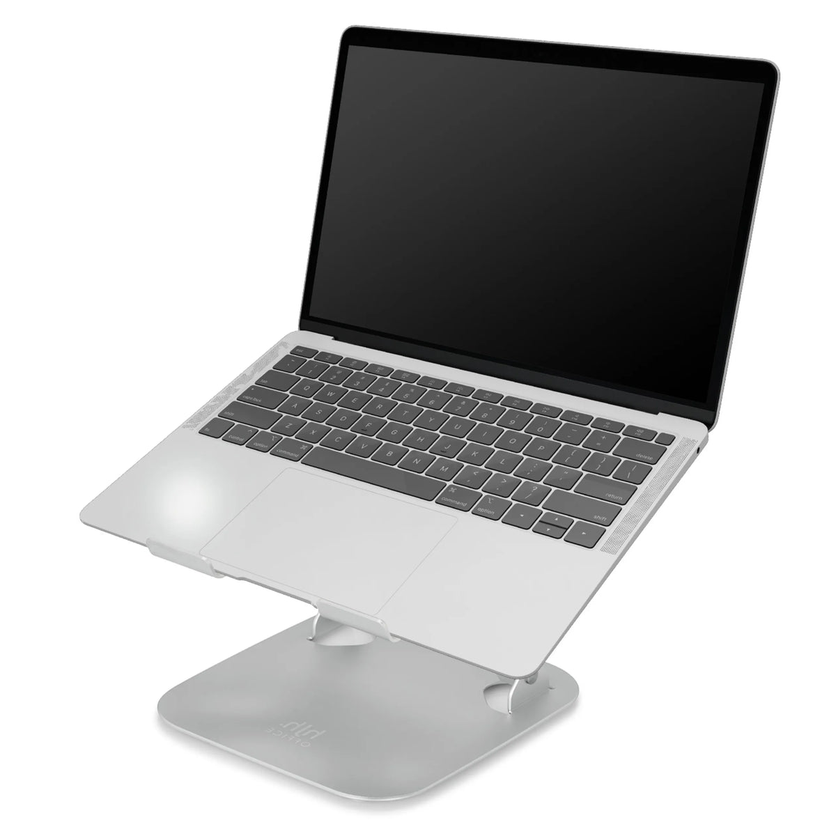 Hopeinen kannettavan tietokoneen alusta LAPTOP STAND ja sen päällä vinossa oleva kannettava tietokone, valmistaja hjh OFFICE