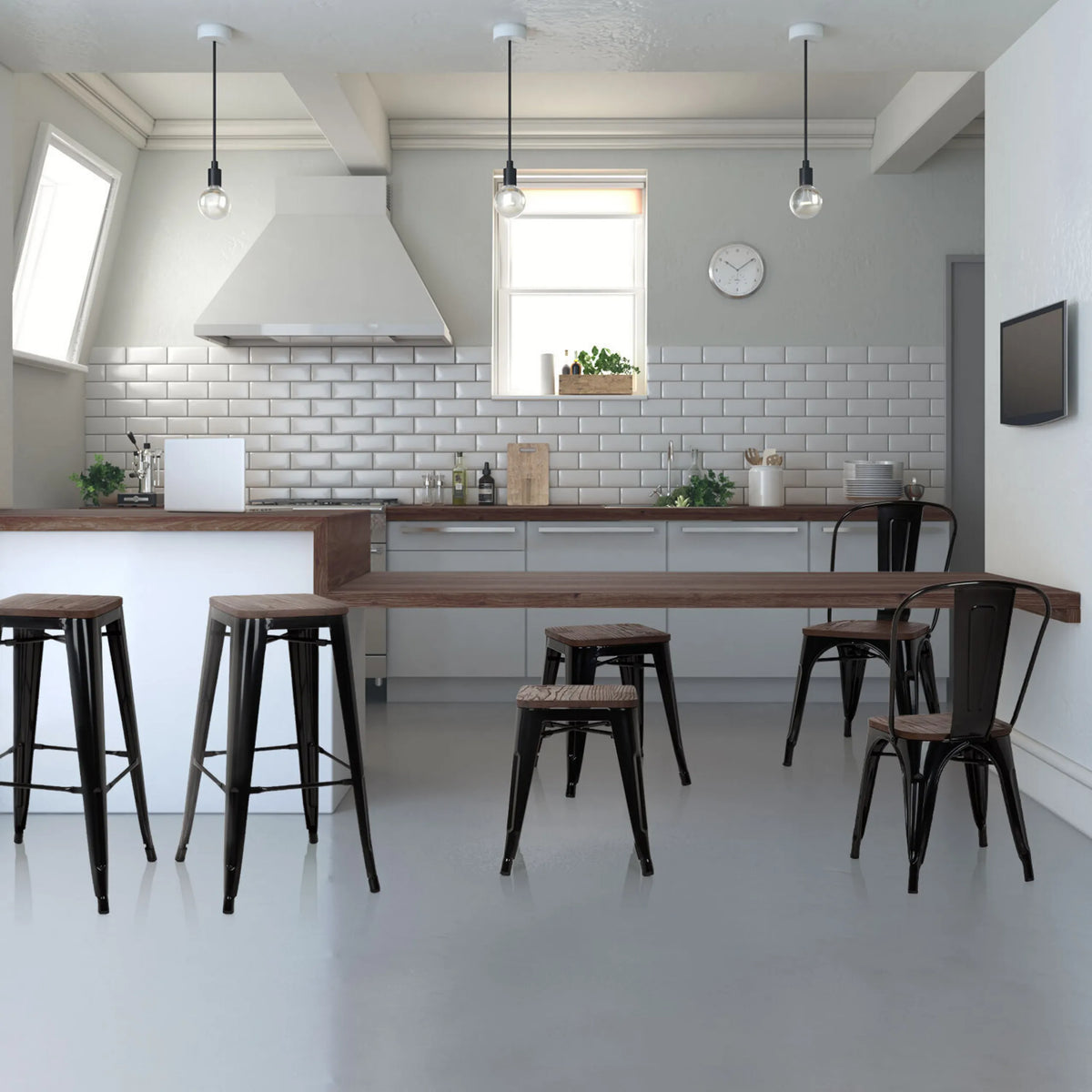 Mustat Bistrotuoli VANTAGGIO COMFORT W-tuolit metallirungolla pitkän puupöydän ääressä, valmistaja hjh OFFICE