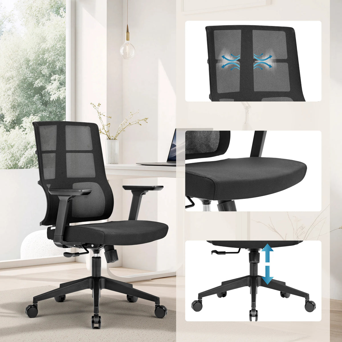 Ammattitason toimistotuoli SPINIO mustana hengittävällä selkänojalla ja säädettävällä kaasujousella, valmistaja hjh OFFICE