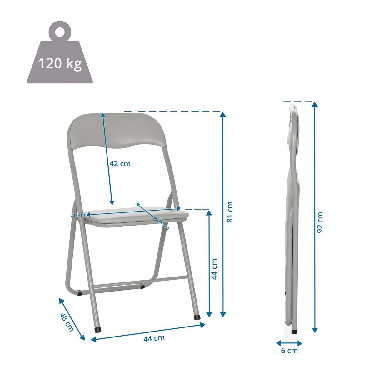 Kokoontaittuva tuoli TUDELA BASIC mitattu piirustus, kokonaiskorkeus 92 cm ja kantavuus 120 kg, valmistaja hjh OFFICE