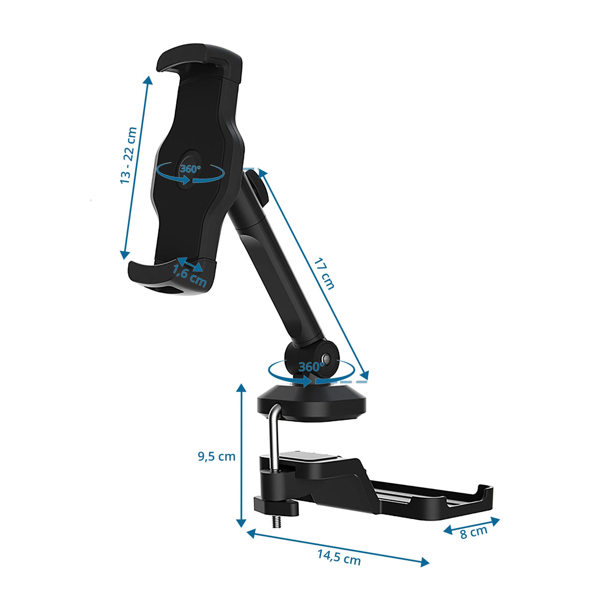 Matkapuhelimen & tabletin pidike FLEXMOBI III mitattu piirustus, korkeus 17 cm, valmistaja hjh OFFICE