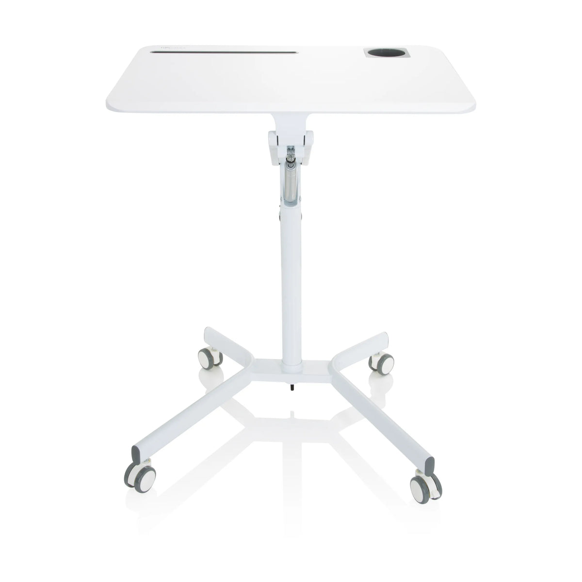 Weißer Stehschreibtisch STAND VM-SU I mit höhenverstellbarem Bein und Fußkreuz mit fünf Rollen von hjh OFFICE – 360-Grad-Ansicht (Frontansicht 0°)