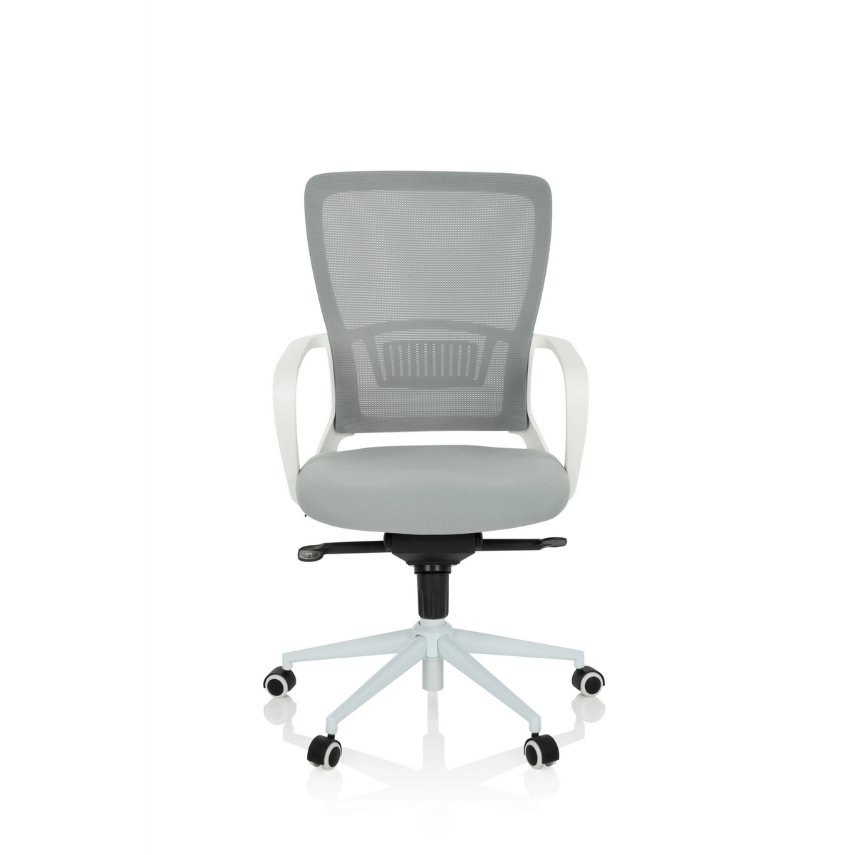Grauer Homeoffice-Bürostuhl ESTRIA mit Netzrücken und Fußkreuz mit fünf Rollen von hjh OFFICE – 360-Grad-Ansicht (Frontansicht 0°)