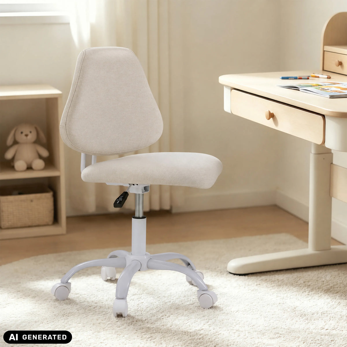 Beige Lumikid lasten pyörivä tuoli pyörillä ja kaasujousella, valmistaja hjh OFFICE (tekoälyllä luotu kuva)
