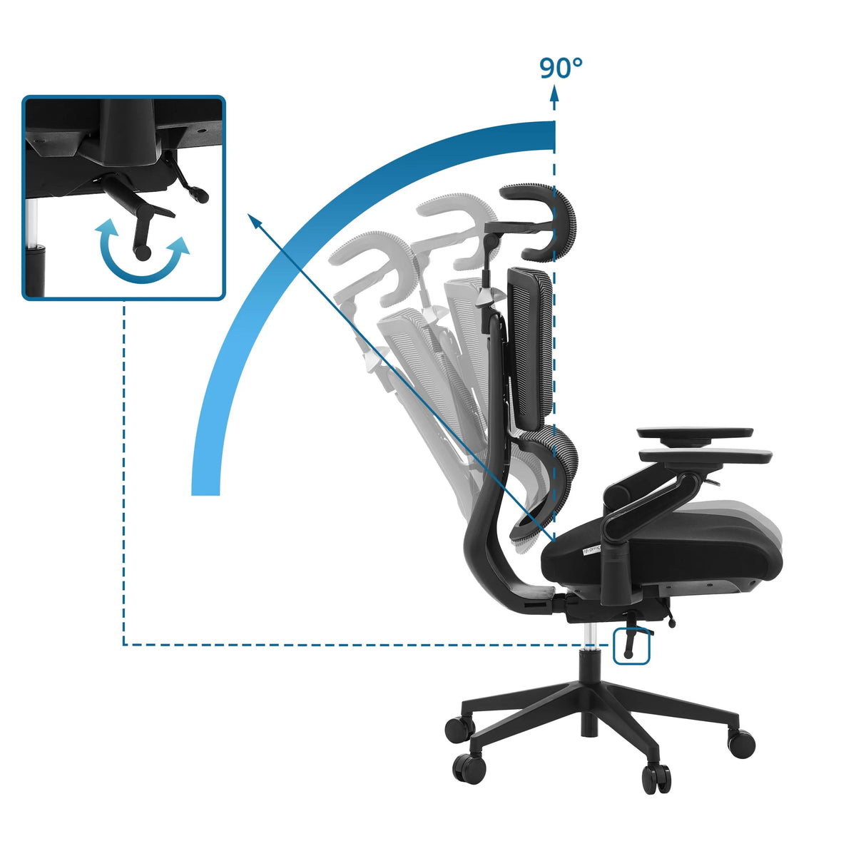 Ammattitason toimistotuoli Ergo U2 Flex3 -mallin säädettävä selkänoja, kallistuskulma jopa 90°, valmistaja hjh OFFICE