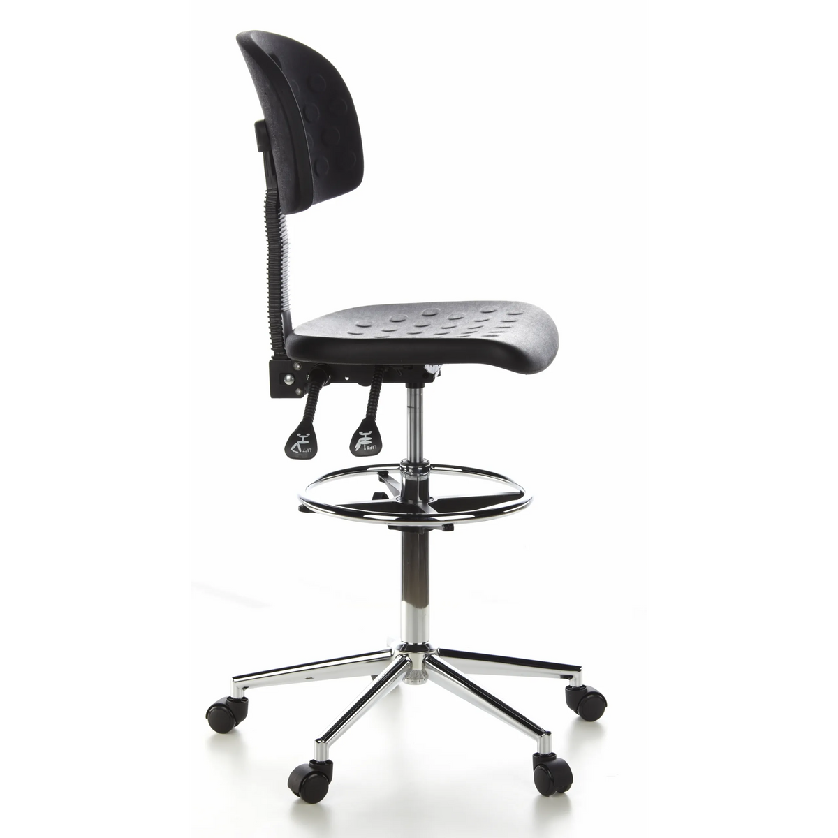 Musta korkea työtuoli TOP WORK 23, jossa on jalkarengas ja viisipolkinen rullajalka, valmistaja hjh OFFICE – 360 asteen näkymä (sivuprofiili 80°)