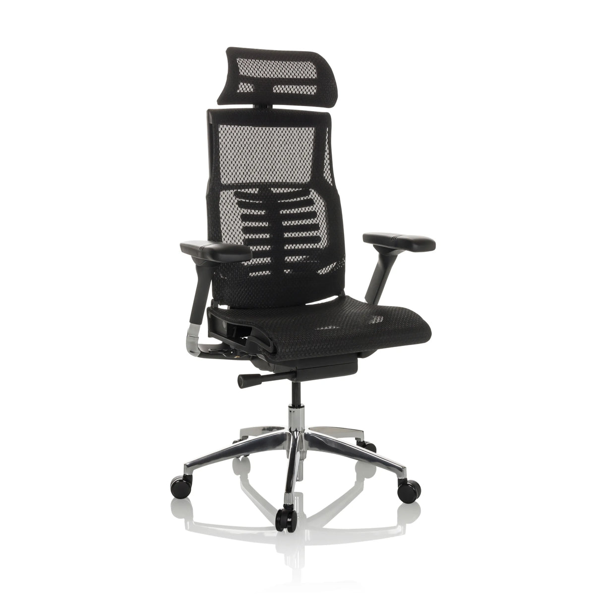 Musta High End -toimistotuoli POFIT GEN2 verkkoselkänojan ja viisipisteisen rullanjalustan kanssa, valmistaja hjh OFFICE – 360 asteen näkymä (etuviistonäkymä 30°)