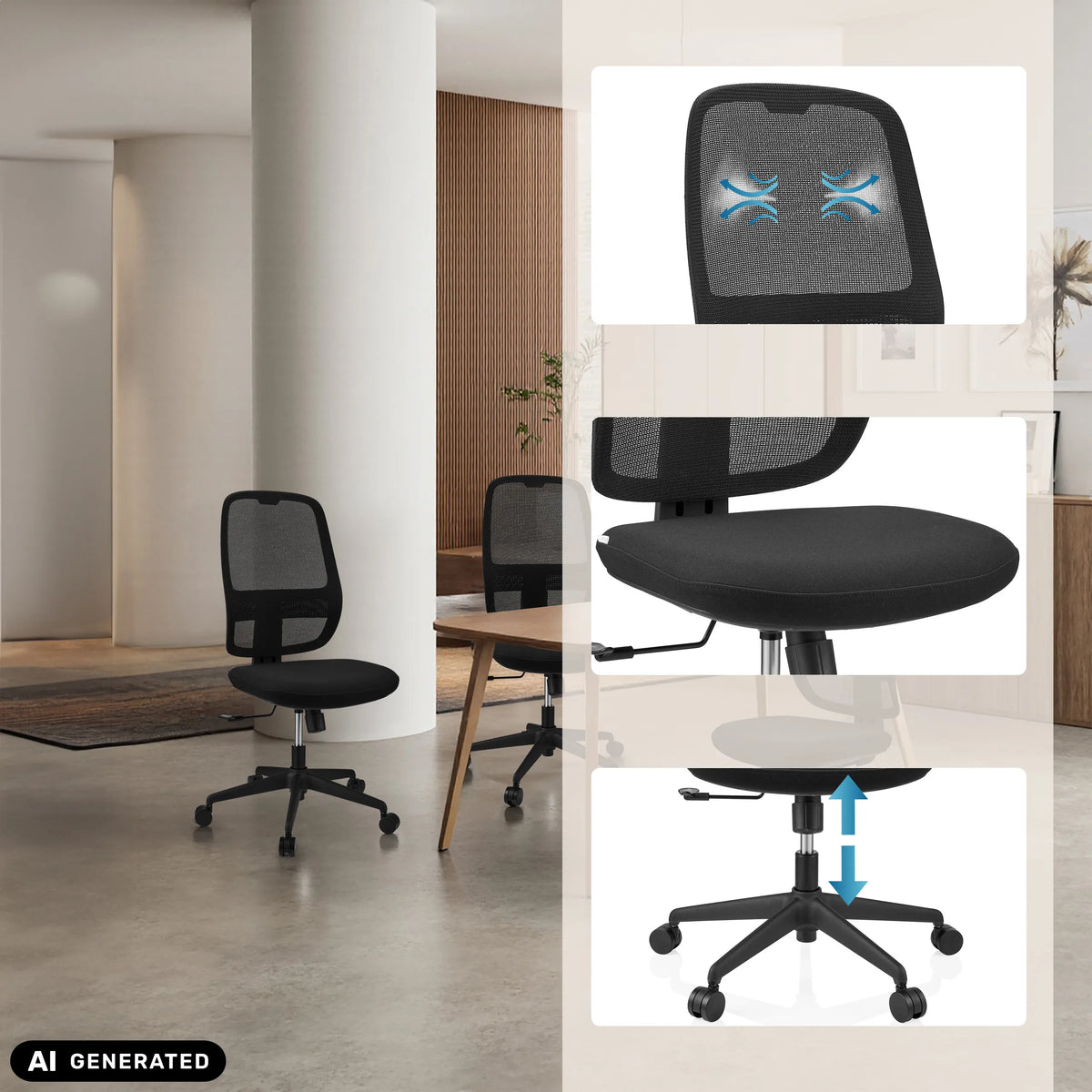 Ammattitason toimistotuoli Minoro B värissä musta, hengittävällä selkänojalla ja kaasujousella, valmistaja hjh OFFICE (tekoälyllä luotu kuva)