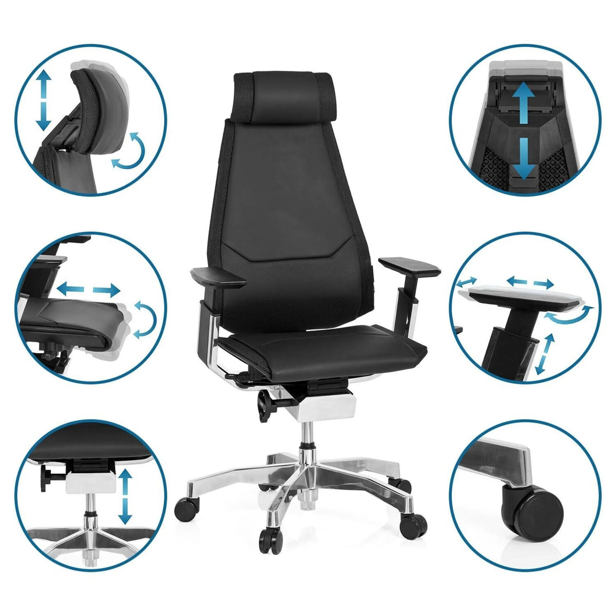 Verstellbare Funktionen des High-End-Bürostuhls GENIDIA PRO in Schwarz aus Leder von hjh OFFICE