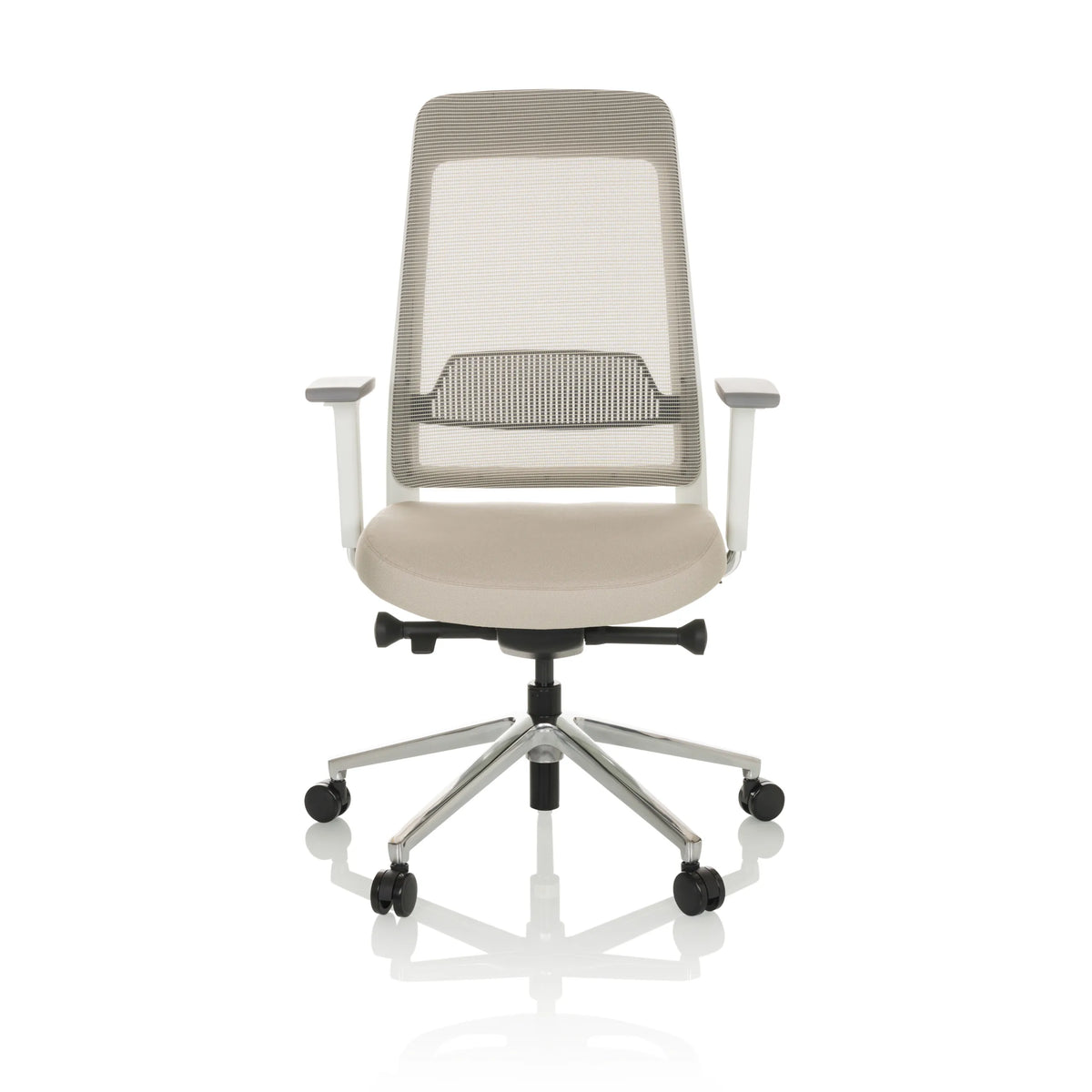 Beige Ammattitason toimistotuoli CHIARO T2 WHITE verkkoselkänojalla ja hopeisella viisipyöräisellä jalustalla, valmistaja hjh OFFICE – 360 asteen näkymä (etunäkymä 0°)