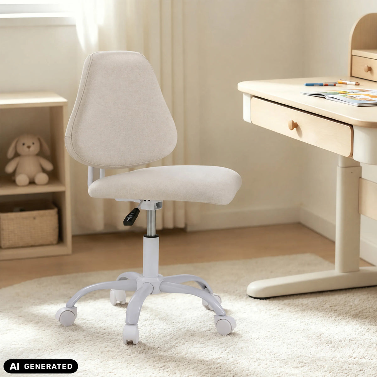 Beige Lumikid lasten pyörivä tuoli pyörillä ja kaasujousella, valmistaja hjh OFFICE (tekoälyllä luotu kuva)