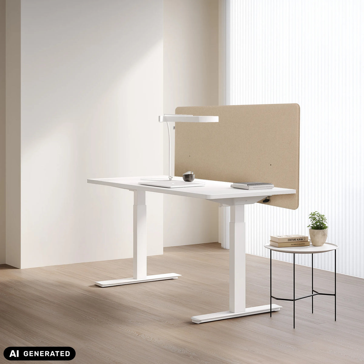 Beige FLEXMIUT D1 työpöydän väliseinä valkoisella työpöydällä, valmistaja hjh OFFICE (tekoälyllä luotu kuva)