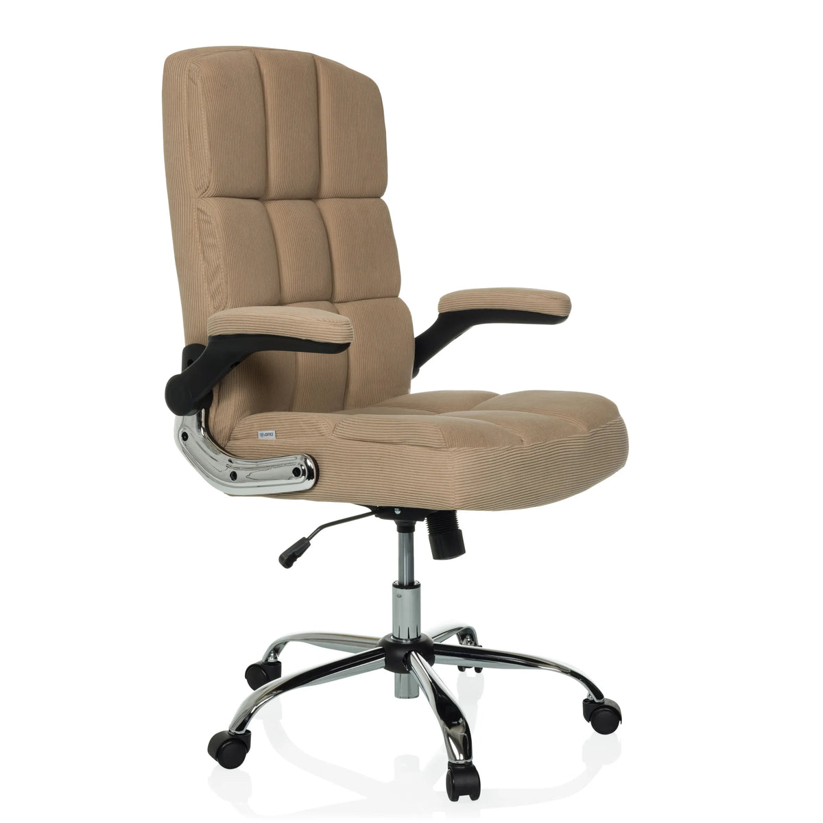 Beiger Homeoffice Chefsessel RELAX WD 100 mit Cord-Bezug und Fußkreuz mit fünf Rollen von MyBuero – 360-Grad-Ansicht (schräge Frontansicht 45°)