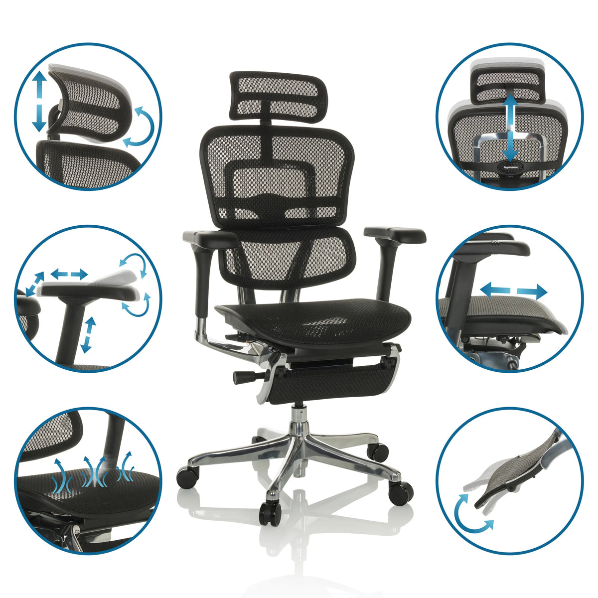 Verstellbare Funktionen des Luxus-Chefsessel ERGOHUMAN PLUS LEGPRO GEN2 in Schwarz mit Netzbespannung von hjh OFFICE