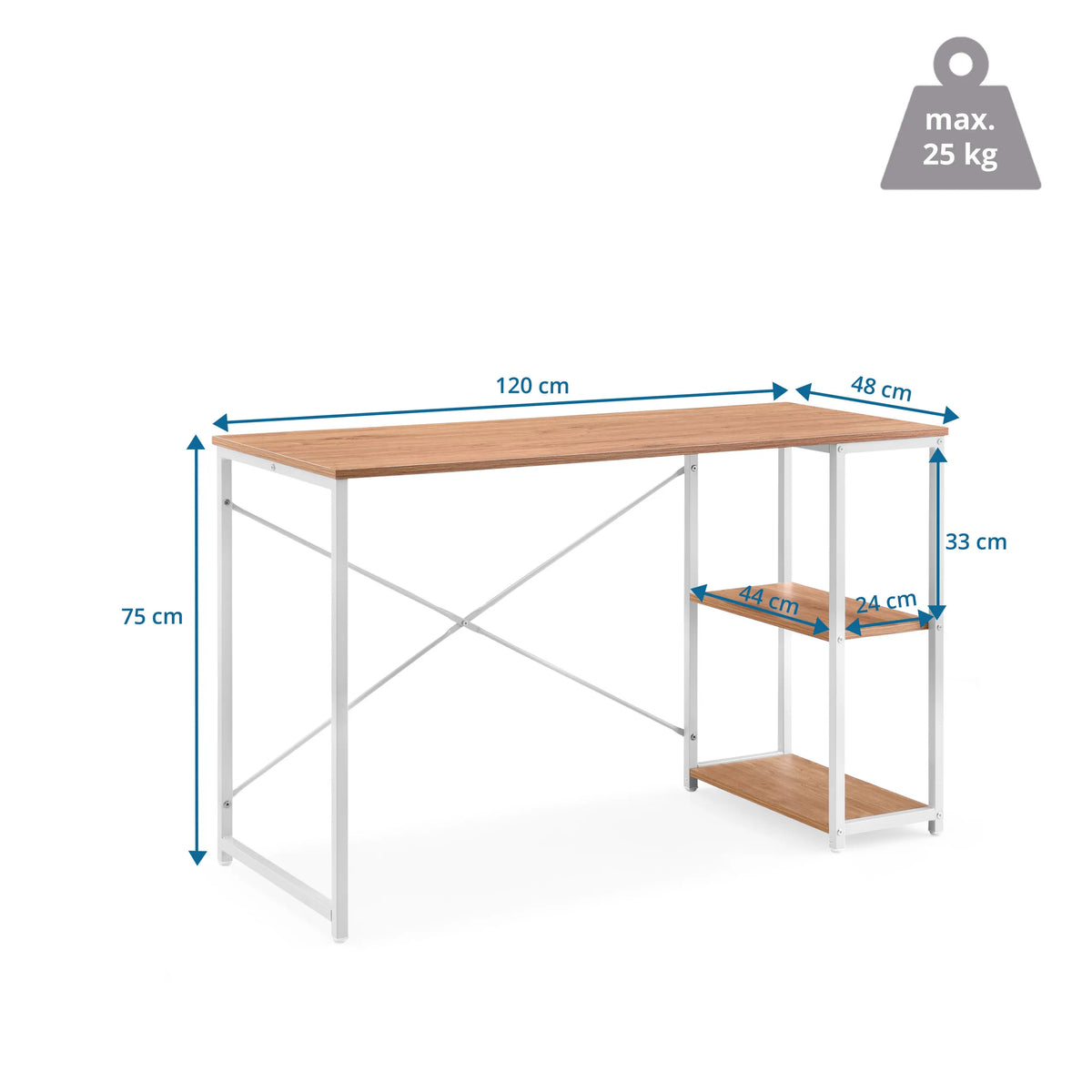 Kirjoituspöydän Easy Up2 mittapiirros, leveys 120 cm ja korkeus 75 cm, valmistaja hjh LIVING