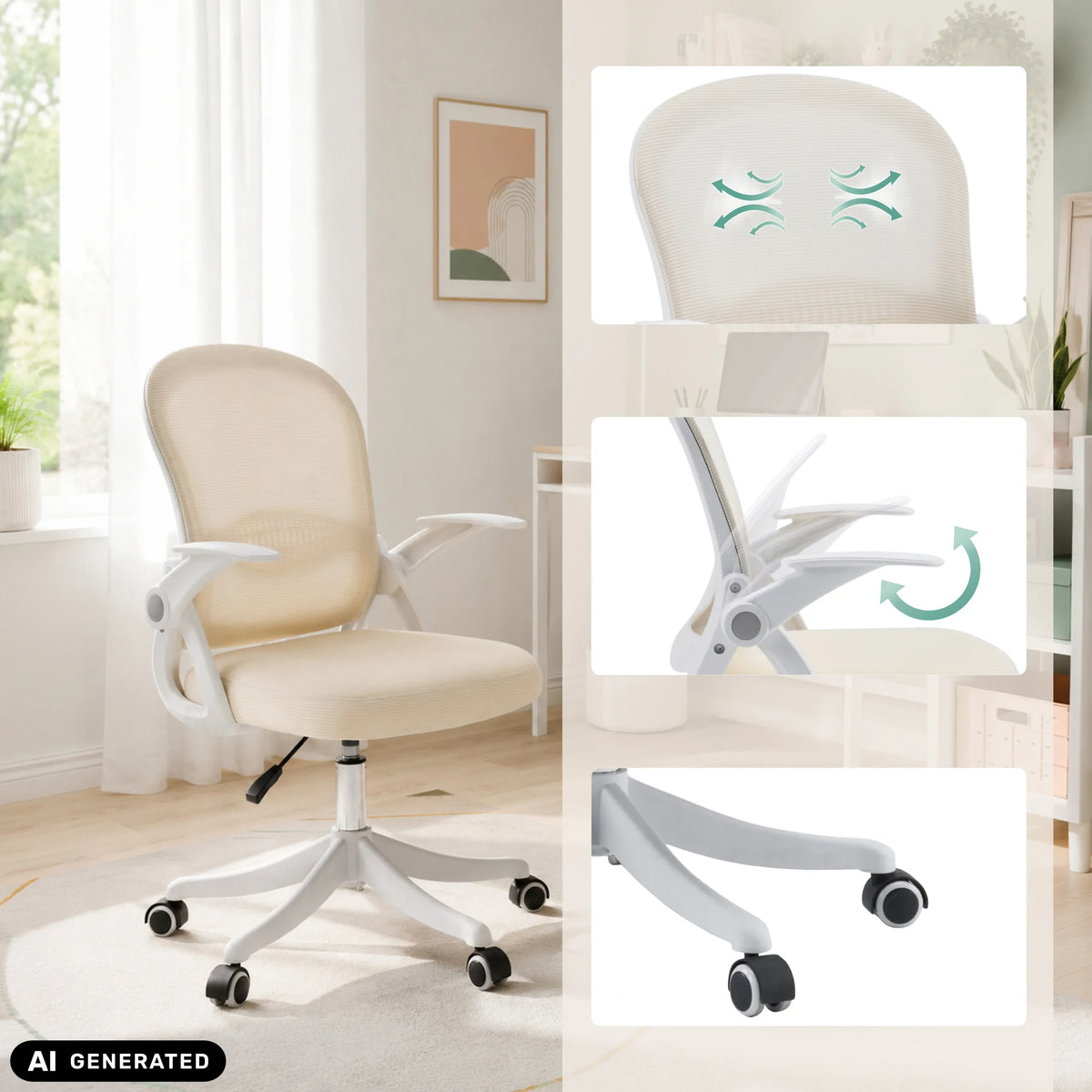 Beige Naluro Home Office -toimistotuoli, jossa on hengittävä selkänoja ja pyörät, valmistaja hjh OFFICE (tekoälyllä luotu kuva)