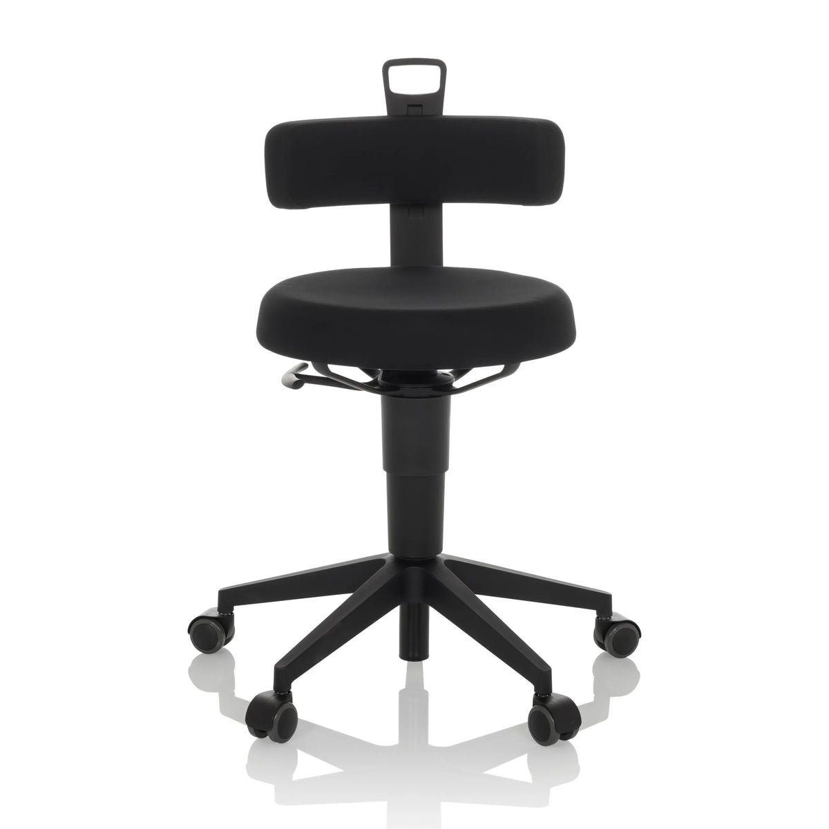 Musta Pyörivät jakkarat TOP WORK FLEX selkänojalla, vetokahvalla ja viisipyöräisellä jalustalla, valmistaja hjh OFFICE – 360 asteen näkymä (etunäkymä 0°)