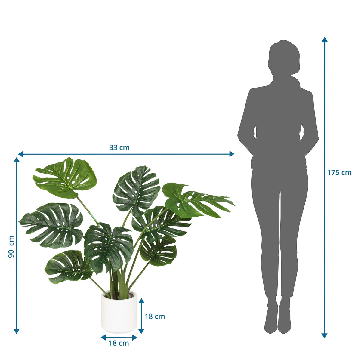Tekokasvi MONSTERA I mittojen piirustus, korkeus 90 cm ja leveys 33 cm, valmistaja hjh OFFICE