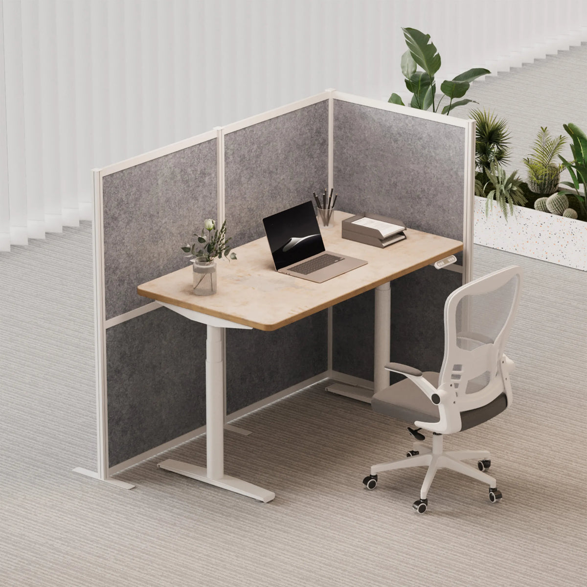 Harmaat Flexmiut Modul L-väliseinät näkösuojana työpöydällä, jossa on toimistotuoli, valmistaja hjh OFFICE