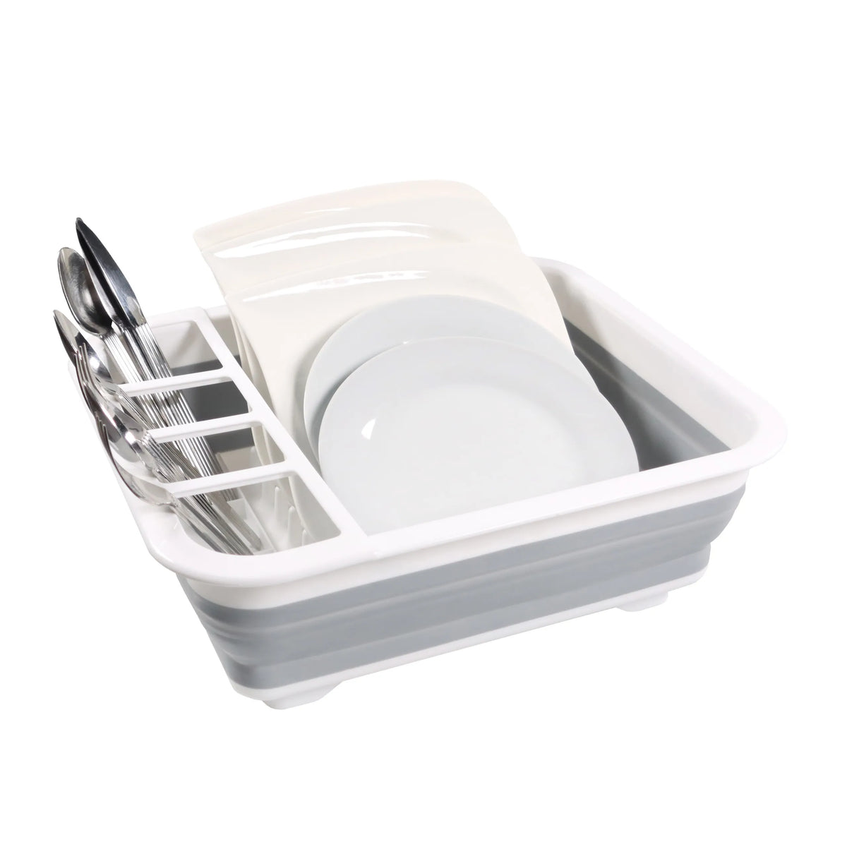 Harmaanvalkoinen kokoontaitettava kontti CLEAN SIL, jossa on integroitu aterinäkori ja astioita, valmistaja hjh OFFICE