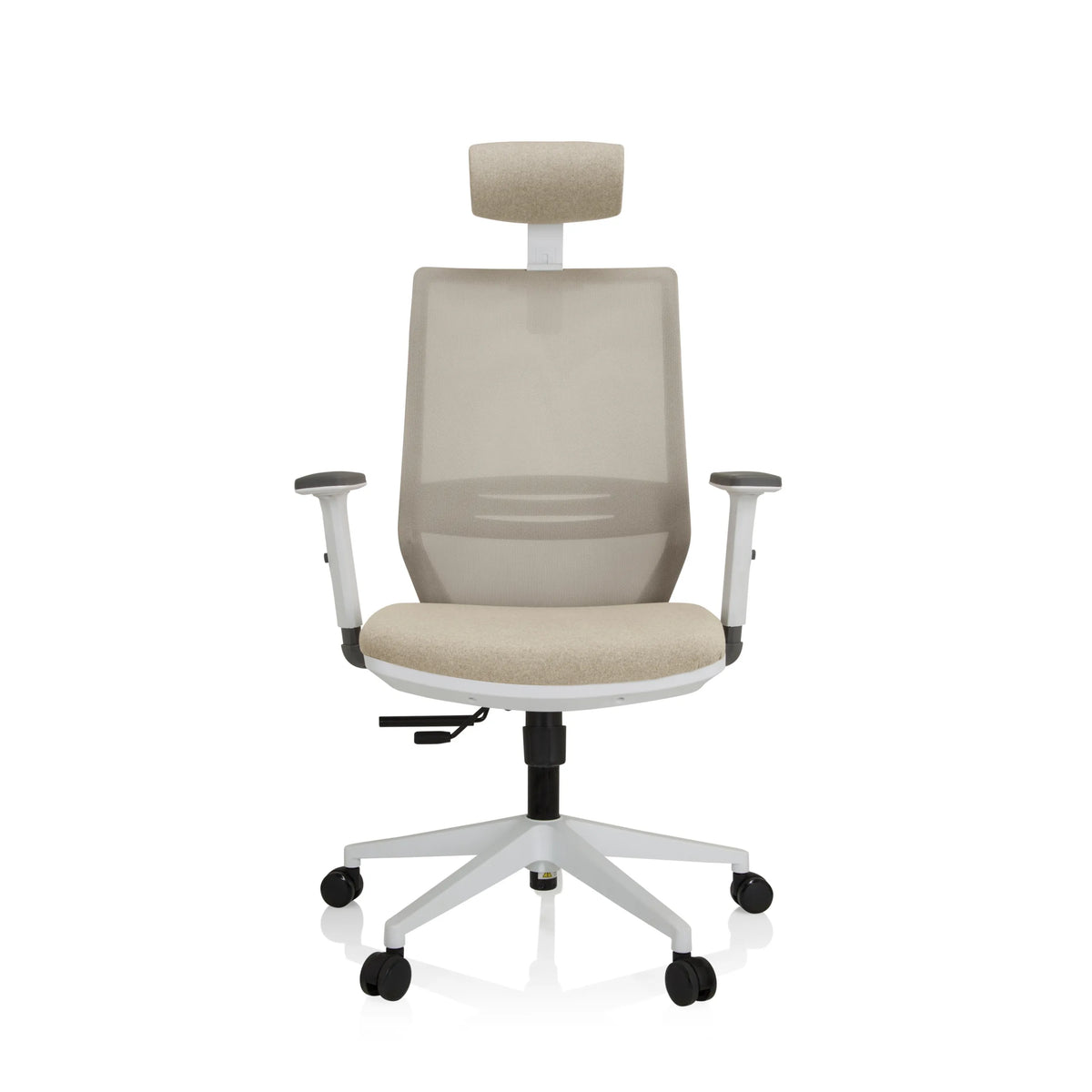 Beige Ammattitason toimistotuoli PROFONDO PRO W verkkoselkänojalla, niskatuella ja valkoisella ristikolla valmistaja hjh OFFICE – 360 asteen näkymä (etunäkymä 0°)