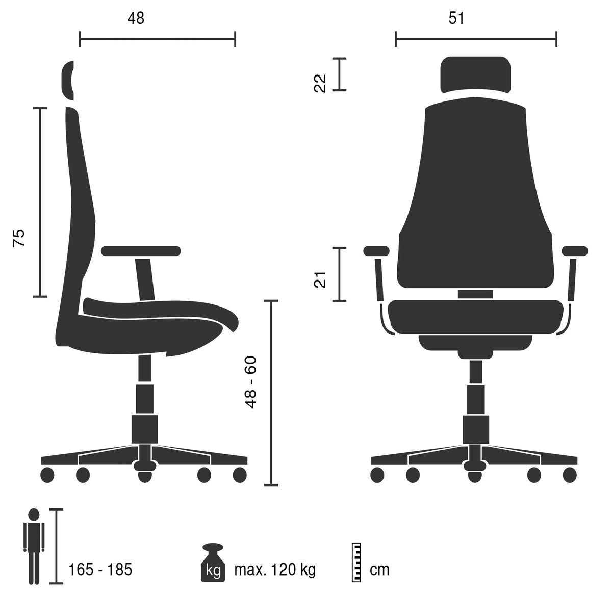 Home Office -toimistotuoli Relax Legoro tekninen piirros, maksimikantavuus 120 kg, valmistaja MyBuero