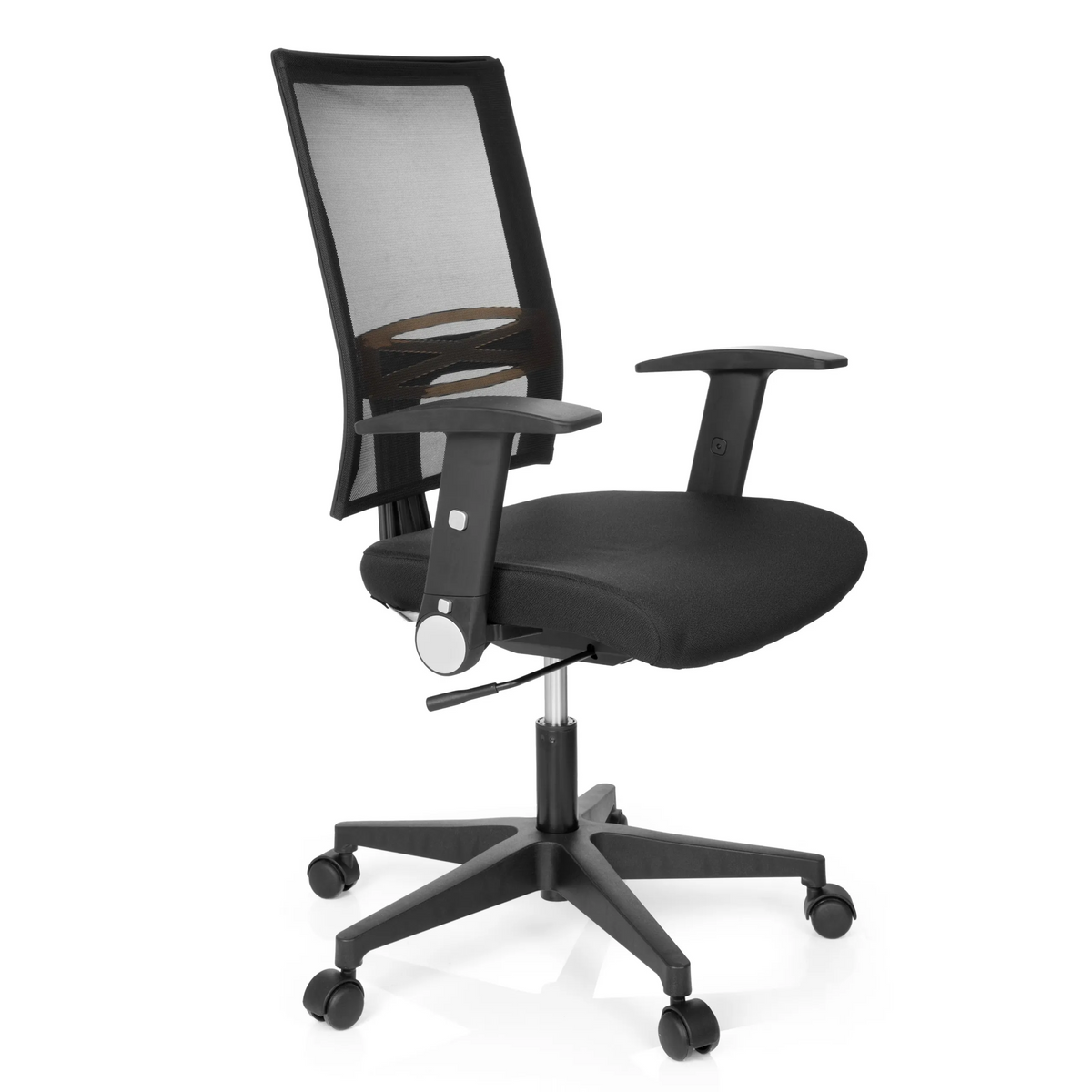 Musta Home Office -toimistotuoli OFFICE R8 verkkoselkänojalla ja viisisakaraisella jalustalla, valmistaja hjh OFFICE – 360 asteen näkymä (etuviistonäkymä 60°)